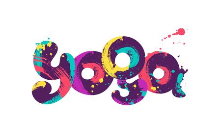 Yoga colorful calligraphic lettering poster. Colorful hand written font with paint/ink splatters. Vector illustrationのイラスト素材