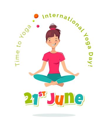 21 June International Yoga Day flyer, banner or poster. Pretty young girl doing yoga exercise in the class. Vector illustrationのイラスト素材