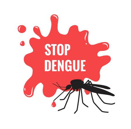 Stop dengue written on blood drop with mosquito on white background. Stop zika virus isolated aegypti mosquito silhouette icon. Vector illustrationのイラスト素材