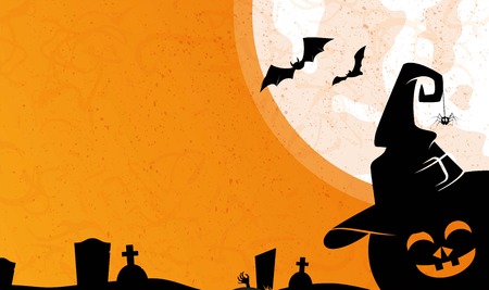 Halloween background with holiday symbols pumpkin, witch hat, zombie, spider and bat. Great for banner, voucher, offer, coupon, holiday sale.のイラスト素材