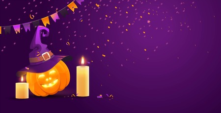 Halloween festive background with flags, pumpkin, candles and serpentine.Beautiful greeting card with place for your text. Vector Illustration.のイラスト素材