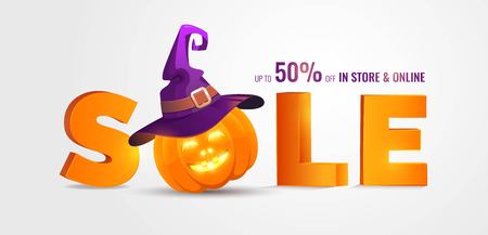 Halloween Sale banner with big 3d letters Sale and holiday symbols pumpkin and witch hat. Great for banner, voucher, offer, coupon, holiday sale. Vector illustrationのイラスト素材