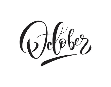 October handwritten lettering typography. Black and white vector illustrationのイラスト素材