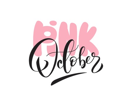 Pink october hand lettering. Breast Cancer Awareness Calligraphy Poster. Vector illustrationのイラスト素材