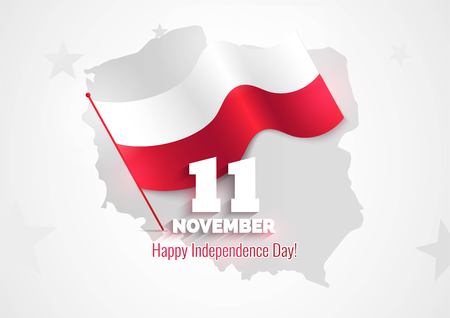 11 november. Poland Independence Day greeting card. Celebration background with waving flag and map. Vector illustrationのイラスト素材