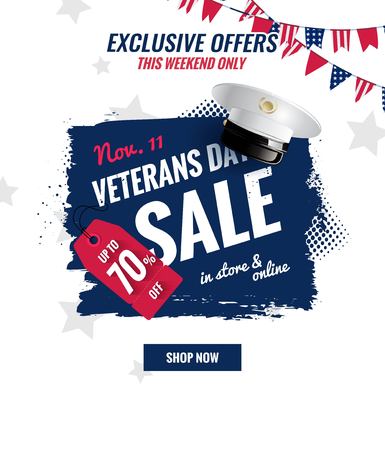 Happy Veterans Day sale banner. Holiday background with bunting flags, brush strokes and captain cap.のイラスト素材