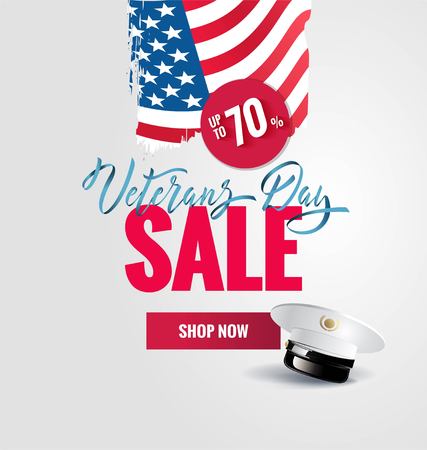 Happy Veterans Day sale banner. Holiday typographic poster with usa waving flag, brush strokes and captain cap. Tのイラスト素材