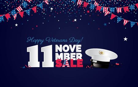 Happy Veterans Day sale banner. Holiday background with bunting flags and captain cap.のイラスト素材
