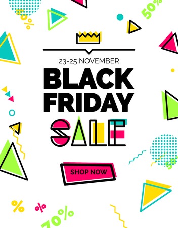 Black friday sale banner. Sale poster with geometric shapes.  Vector background in retro 80s, 90s memphis style.  Vector illustration.のイラスト素材