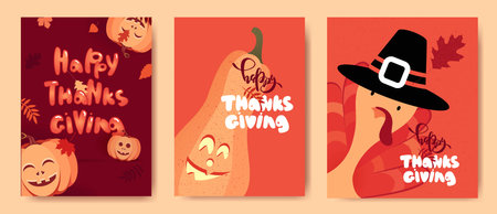 Set of Thanksgiving sale cartoon posters. Thanksgiving autumn background with leaves, pumpkins and...