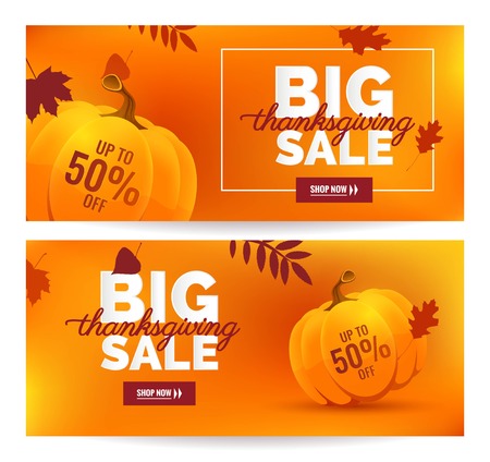 Set of Thanksgiving sale posters. Beautiful thanksgiving autumn background with falling leaves and pumpkin. Vector illustrationのイラスト素材