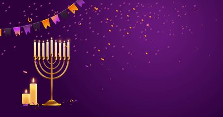 Hanukkah, the Jewish Festival of Lights, festive background with menorah, candles and bunting flags. Vector illustrationのイラスト素材
