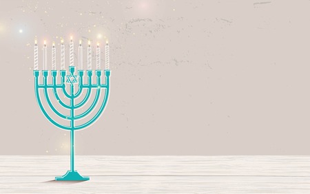 Hanukkah, the Jewish Festival of Lights, festive background with menorah and golden lights.  Golden, beige and turquose colors. Vector illustrationのイラスト素材