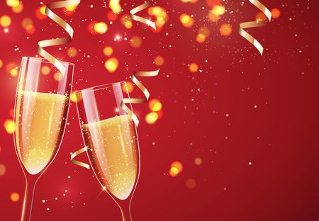 Two glasses of champagne on sparkling holiday background. Happy new year festive background. Vector illustrationのイラスト素材