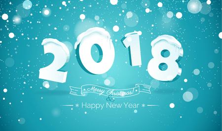 Happy new year 2018 Text Design.2018 snow number illustration. Happy holidays banner with snowflakes and icicles isolated on blue sparkling background. Greeting card. Vector illustration.のイラスト素材
