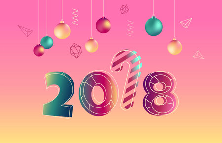 Happy holidays 2018 Greeting Card with colorful numbers 2018 and decorations. Geometric trendy design greeting card in memphis, art deco outline style. Vector illustのイラスト素材