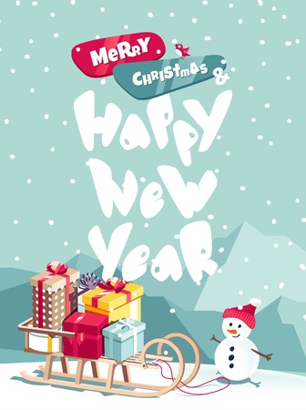 Merry Christmas and Happy New Year vector background with cute snowman and typographic design. Winter cartoon illustrationのイラスト素材