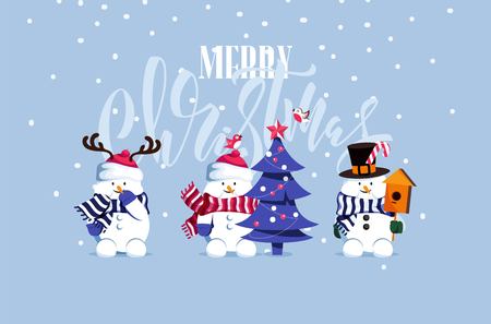 Merry Christmas and Happy New Year vector background with cute snowmen and typographic design. Winter cartoon illustrationのイラスト素材