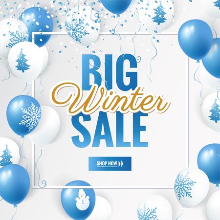 Big winter sale design template. Holiday winter background with white and blue balloons. Vector illustrationのイラスト素材