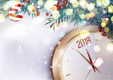Merry chtistmas and happy new year 2018 festive background. Christmas clock, fir branches and berries on snowy background. Vector illustrationのイラスト素材
