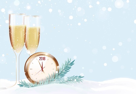 Two glasses of champagne and clock on snowy background. Happy new year winter background. Vector illustrationのイラスト素材