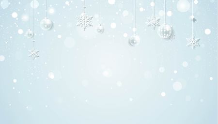 Merry christmas and Happy new year holiday sparkling background. Happy holidays banner with snowflakes and christmas decorations on silver sparkling background. Vector illustration.のイラスト素材