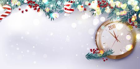 Merry chtistmas and happy new year 2018 festive background. Christmas clock, fir branches and berries on snowy background. Vector illustrationのイラスト素材