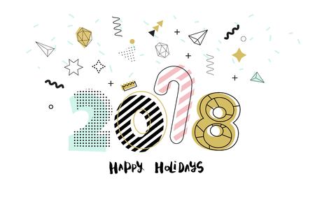 Merry Christmas 2018 Greeting Card. Golden, white, pink  colors.  Geometric trendy design greeting card in memphis, art deco outline style. Vector illustrationのイラスト素材