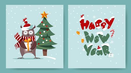 Set of Merry Christmas and Happy New Year cards with cute owl, christmas tree and typographic design. Winter cartoon vector illustrationのイラスト素材