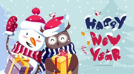 Merry Christmas and Happy New Year vector background with cute snowman, owl and typographic design. Winter cartoon illustrationのイラスト素材
