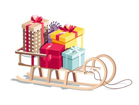 Christmas sled of santa claus with bunch of gifts. Vector cartoon illustrationのイラスト素材