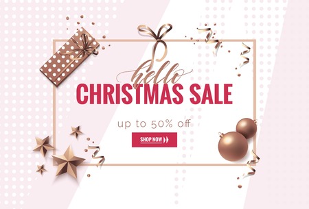 Hello christmas sale poster.  Trendy poster with copper and marble textures and golden frame. Vector illustrationのイラスト素材