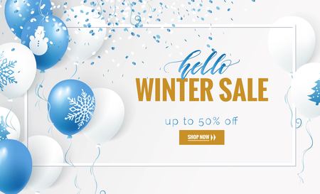 Hello winter sale design template. Holiday winter background with white and blue balloons. Vector illustrationのイラスト素材