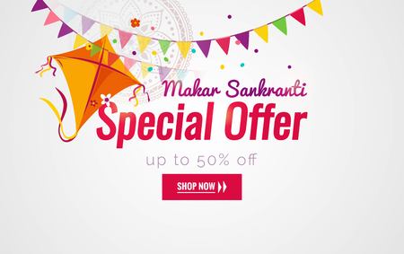 Makar Sankranti sale background with kite and bunting flags. Vector illustrationのイラスト素材