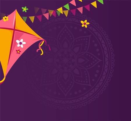 Happy Makar Sankranti holiday background with kite and bunting flags. Vector illustrationのイラスト素材