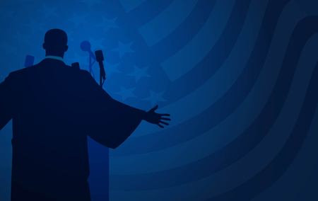 Martin Luther King Day flyer, banner or poster. Mlk background with silhouette of Martin Luther King and waving us flag. Vector illustrationのイラスト素材