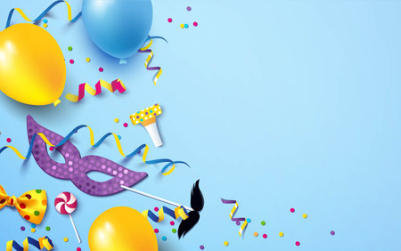 Carnival background flat lay. Carnival mask, streamers, confetti, balloons on blue background. Vector illustration.のイラスト素材