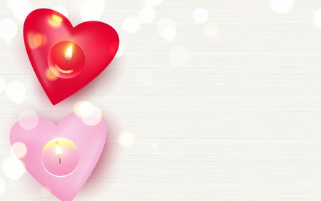 Pink candles and gold lights on white wooden background. Beautiful romantic background with place for text. Vetor illustrationのイラスト素材