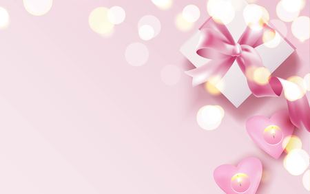 Pink candles and gift box on pink background. Beautiful romantic background with place for text. Vetor illustrationのイラスト素材