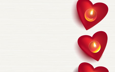 Red candles on white wooden background. Beautiful romantic background with place for text. Vetor illustrationのイラスト素材