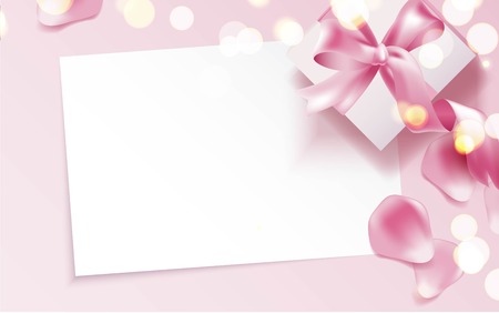 Rose petals and gift box on pink background. Beautiful romantic background with place for text. Vetor illustrationのイラスト素材