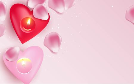 Pink burning heart shaped candles and rose petals over pink background. Vector illustrationのイラスト素材