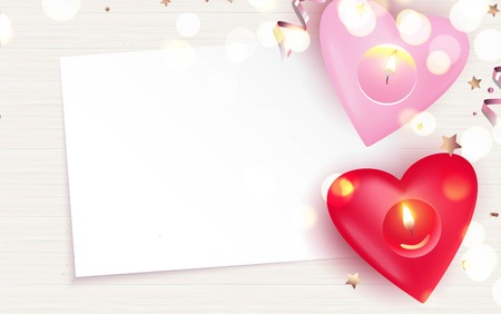 Pink candles and confetti on white wooden background. Beautiful romantic background with place for text. Vetor illustrationのイラスト素材
