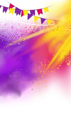 Happy colorful background with realistic powder paint clouds and decorative flags. Purple and yellow powder paint.のイラスト素材