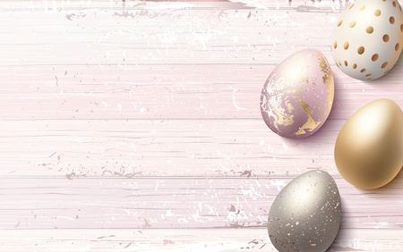 Beautiful easter golden eggs  on pink shabby wooden background. Vector illustrationのイラスト素材