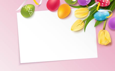 Colorful easter eggs, bunch of yellow tulips on pink background. Beautiful spring background with place for text. Vector illustrationのイラスト素材