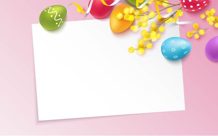 Colorful Easter eggs and mimosa branch on pink background.のイラスト素材