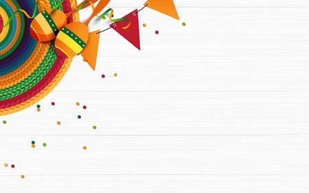 Mexican holiday background. Sombrero, macaras, confetti on white wooden background. Top view. Vector illustrationのイラスト素材