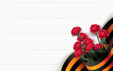 Black and orange ribbon of St George and red carnations on white wooden background. May 9 russian holiday victory day. Vector illustrationのイラスト素材