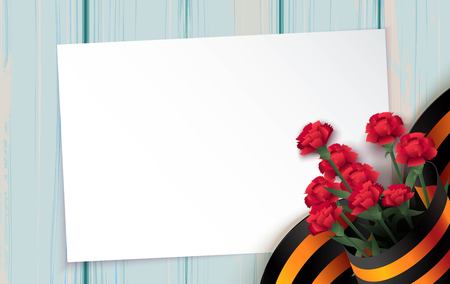 Black and orange ribbon of St. George and red carnations on blue wooden background. Vector illustrationのイラスト素材